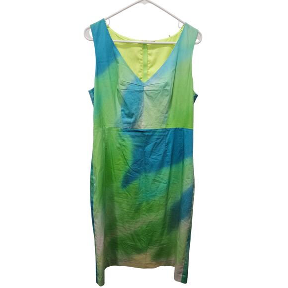 Elie Tahari Camellia Tie Dye Sheath Blue Green Dress Size 14 Sleeveless - Picture 1 of 8